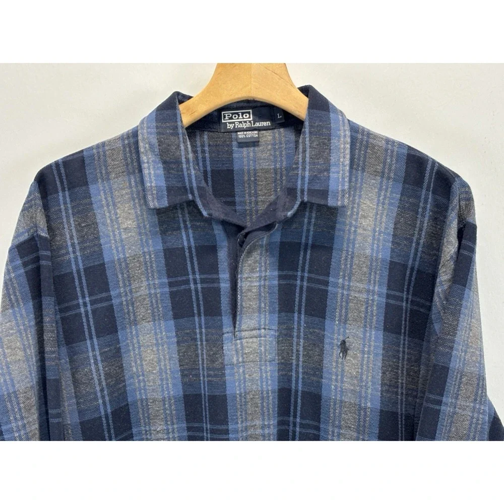 Vtg Polo Ralph Lauren Flannel Polo Shirt Men's L Blue Grey Plaid Pony Logo 90s